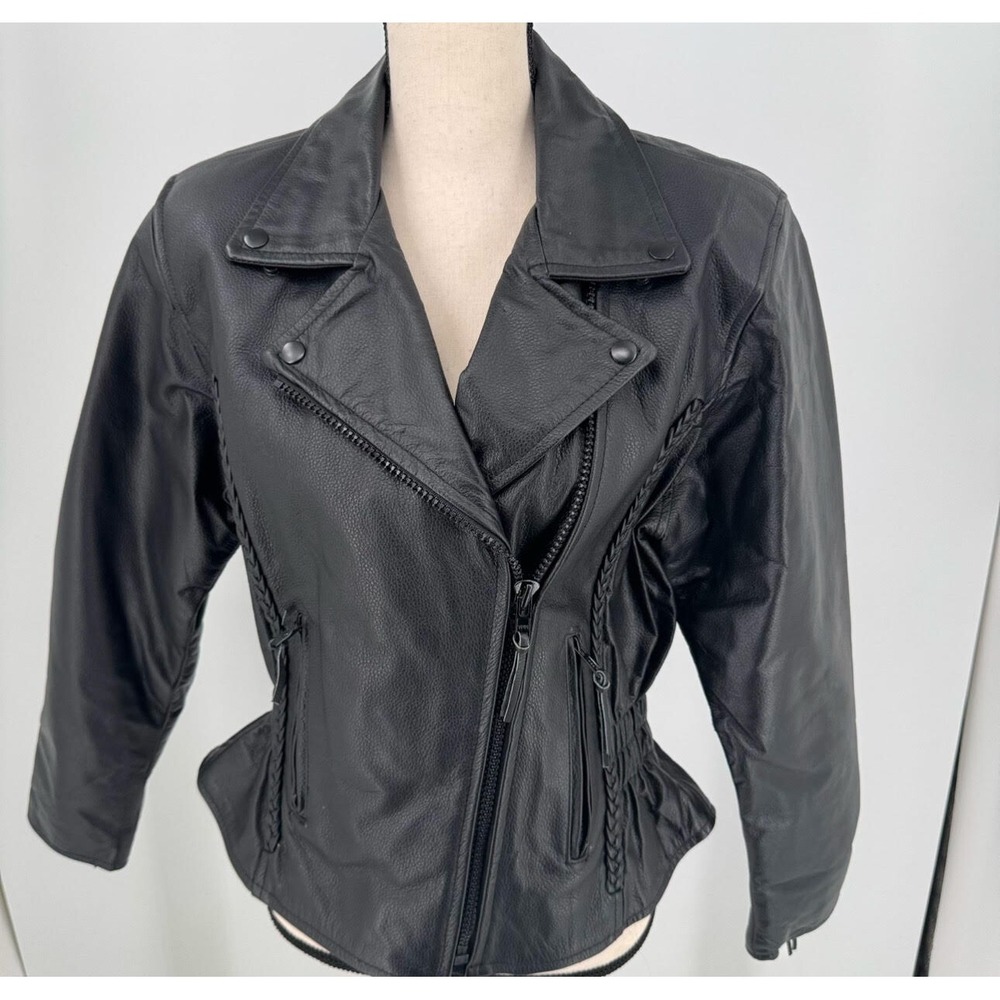 Jim Leather Motorcycle‎ Biker Jacket WOMENS Black Leather Full Zip Coat LARGE